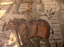 Römisches Mosaik mit Darstellung eines Panzernashorns, um 210 n. Chr., Villa del Casale, Sizilien   