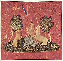 Gobelin des sechsteiligen Millefleurs-Wandbehang „Dame mit dem Einhorn“, Ende 15. Jh., Musée national du Moyen Âge, Paris